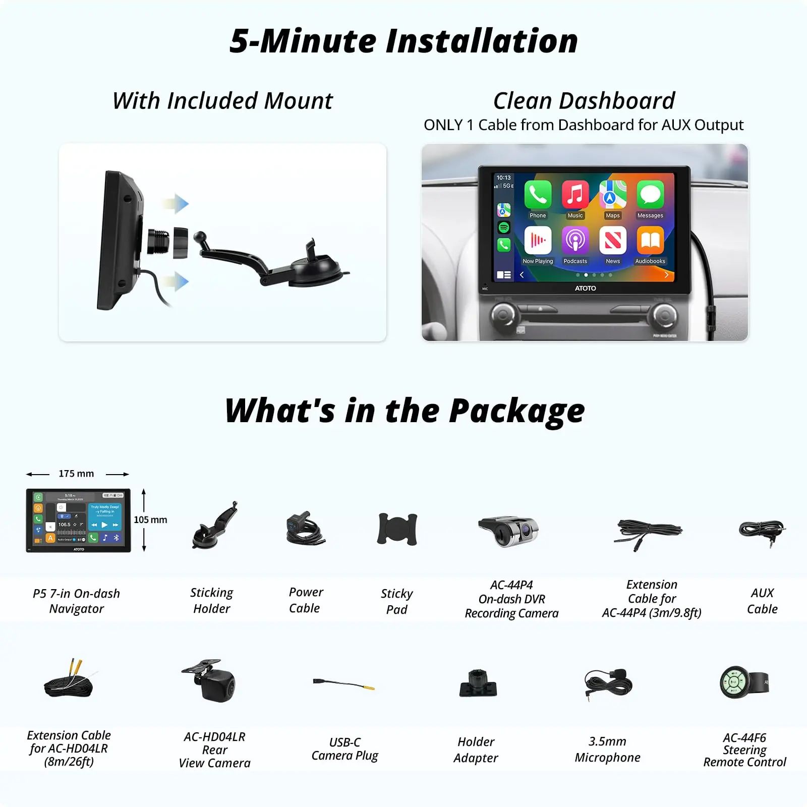 ATOTO P507SD 7″ Portable CarPlay Screen with Dual Cameras – QLED Glare-Suppressing Touchscreen, GPS Navigation, Wireless CarPlay & Android Auto, Remote Control, Bluetooth & AUX/FM - Image 7