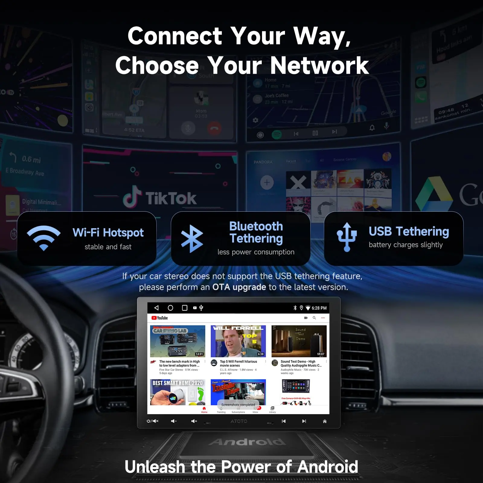 ATOTO A5LG110T 10" Android Double Din & Single Din Car Stereo, Floating QLED Touchscreen Radio with Wireless CarPlay & Android Auto, Backup Camera, HD LRV, DSP, WiFi/BT/USB - Image 3