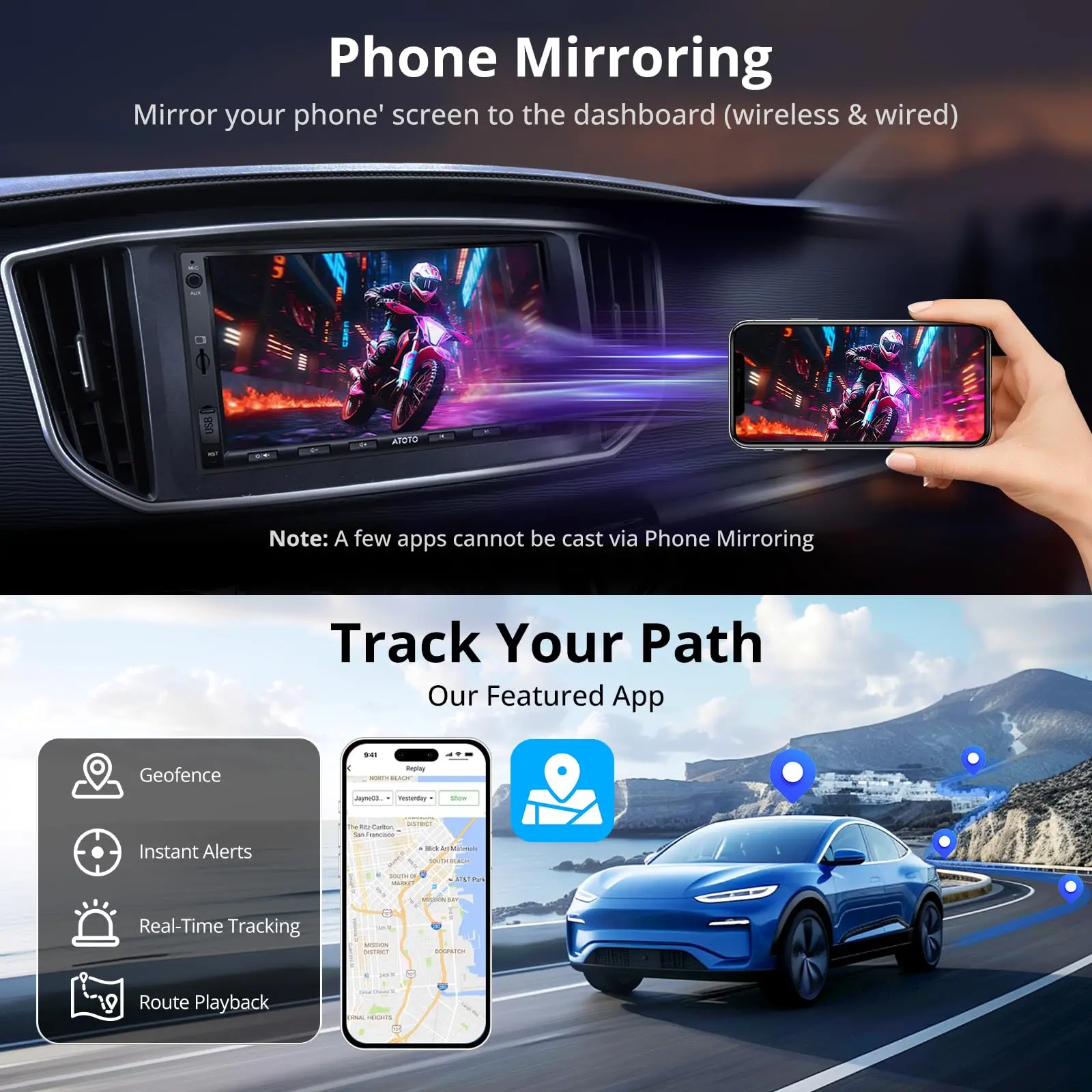 ATOTO A5LG2A7T 7" Double Din Car Stereo, Android, Wireless CarPlay & Android Auto, Bluetooth, GPS Tracking, 2G+32G, Wi-Fi/BT/USB Tethering, 24-Band EQ, FM/AM, TF Card - Image 6