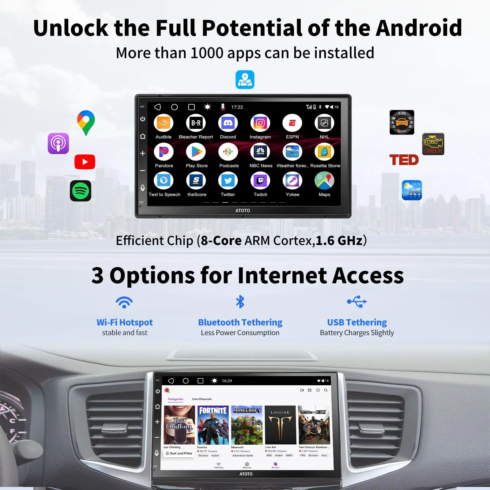 ATOTO A6G2B7PF 7" Double Din Android Car Stereo, Wireless CarPlay & Android Auto, MirrorLink, Dual Bluetooth, DSP, FM Radio, 4G LTE WiFi/BT/USB Tethering, In-Dash Navigation, 8-Core 2G+32G - Image 3