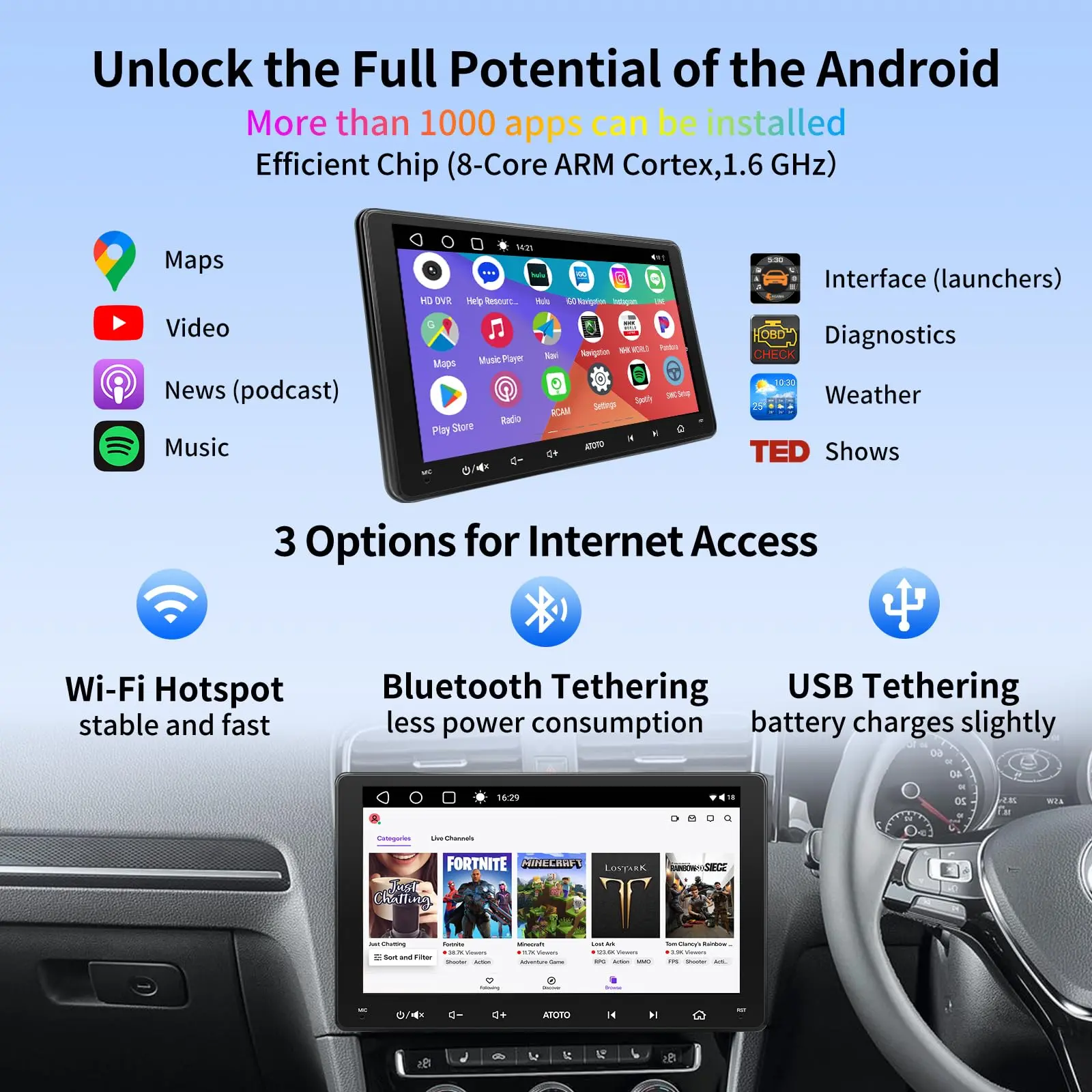 ATOTO A6VW09PF 9" Double Din Car Stereo, Android, Compatible with VW Volkswagen Jetta/Tiguan/Golf, Wireless CarPlay & Android Auto, Dual Bluetooth, GPS Tracking, HD LRV, 2G+32G - Image 4