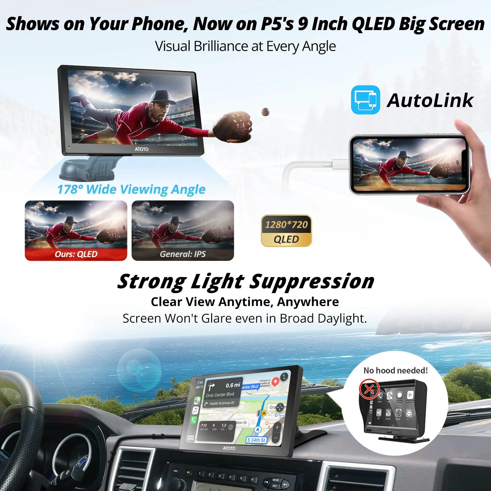 ATOTO P509SD 9'' Portable CarPlay Screen with Dash Cam, 1080p Backup Camera, CarPlay & Wireless Android Auto, Touch Screen,AUX/FM, SWC - Image 5