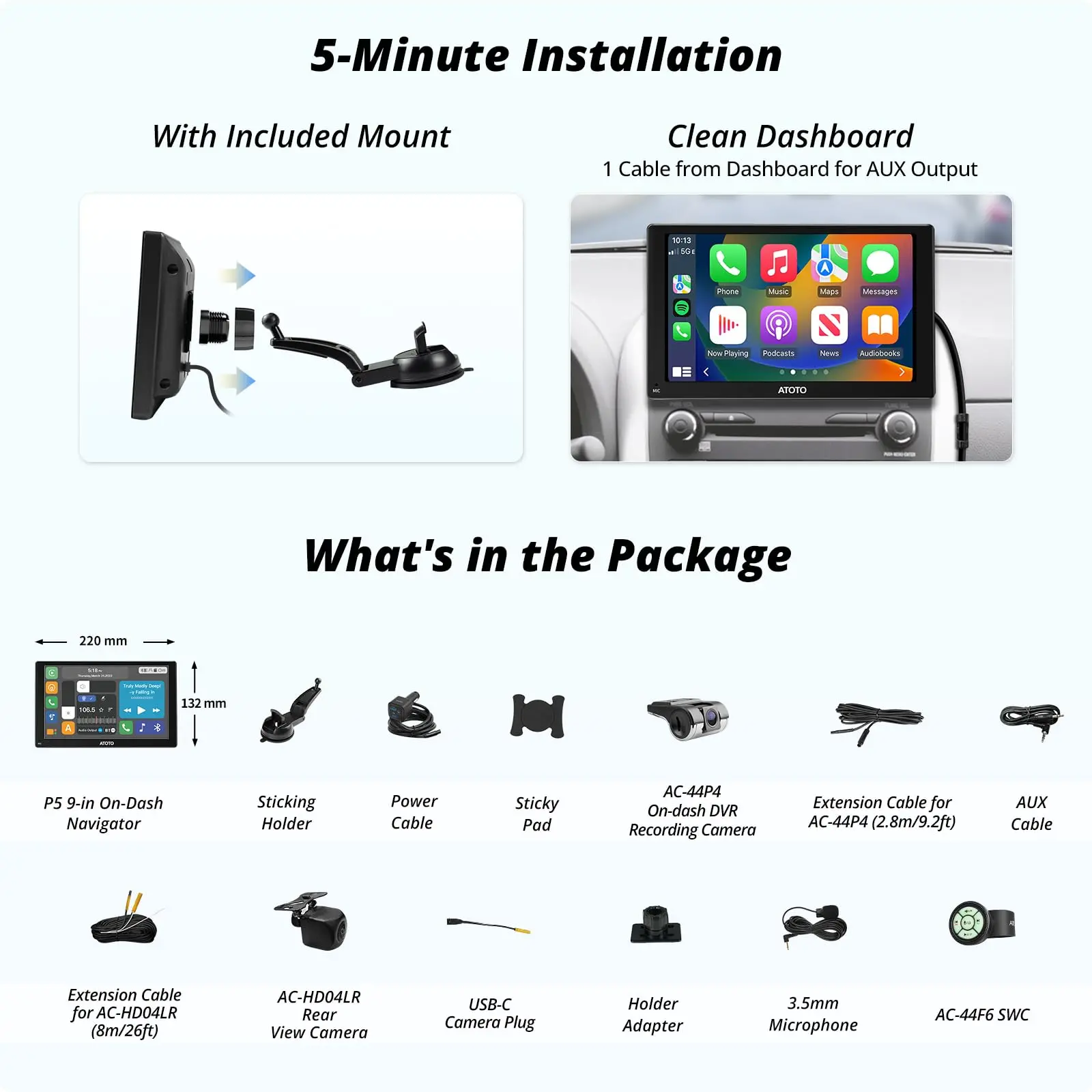 ATOTO P509SD 9'' Portable CarPlay Screen with Dash Cam, 1080p Backup Camera, CarPlay & Wireless Android Auto, Touch Screen,AUX/FM, SWC - Image 7