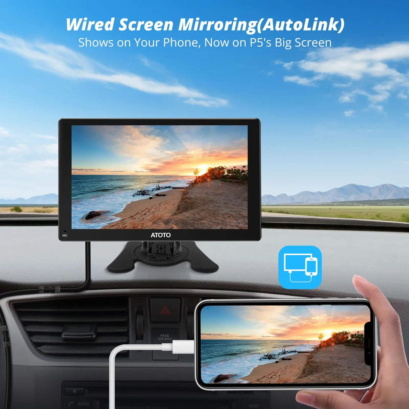 ATOTO P507SD 7″ Portable CarPlay Screen with Remote Control – QLED Touchscreen, Wireless CarPlay & Android Auto, Bluetooth, Auto-Dimmer, GPS Navigation, MirrorLink, AUX/FM/MIC - Image 3