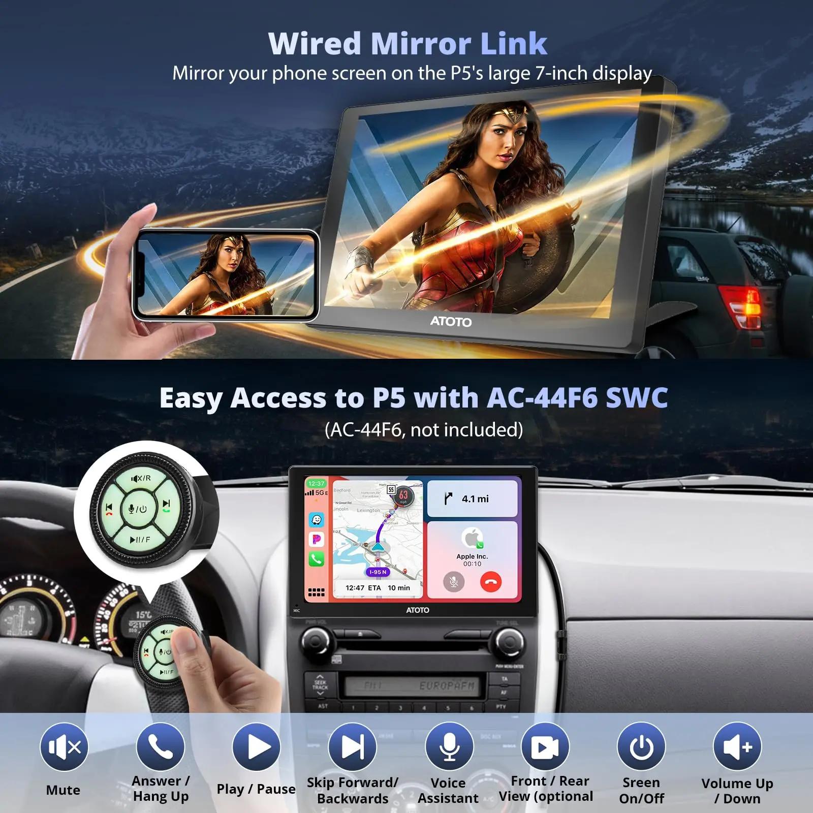 ATOTO P507SD 7" Portable CarPlay Screen, QLED HD Touchscreen Auto-Dimmer Glare-Suppress, Car Radio Bluetooth Navigator, MirrorLink, AUX/FM - Image 5
