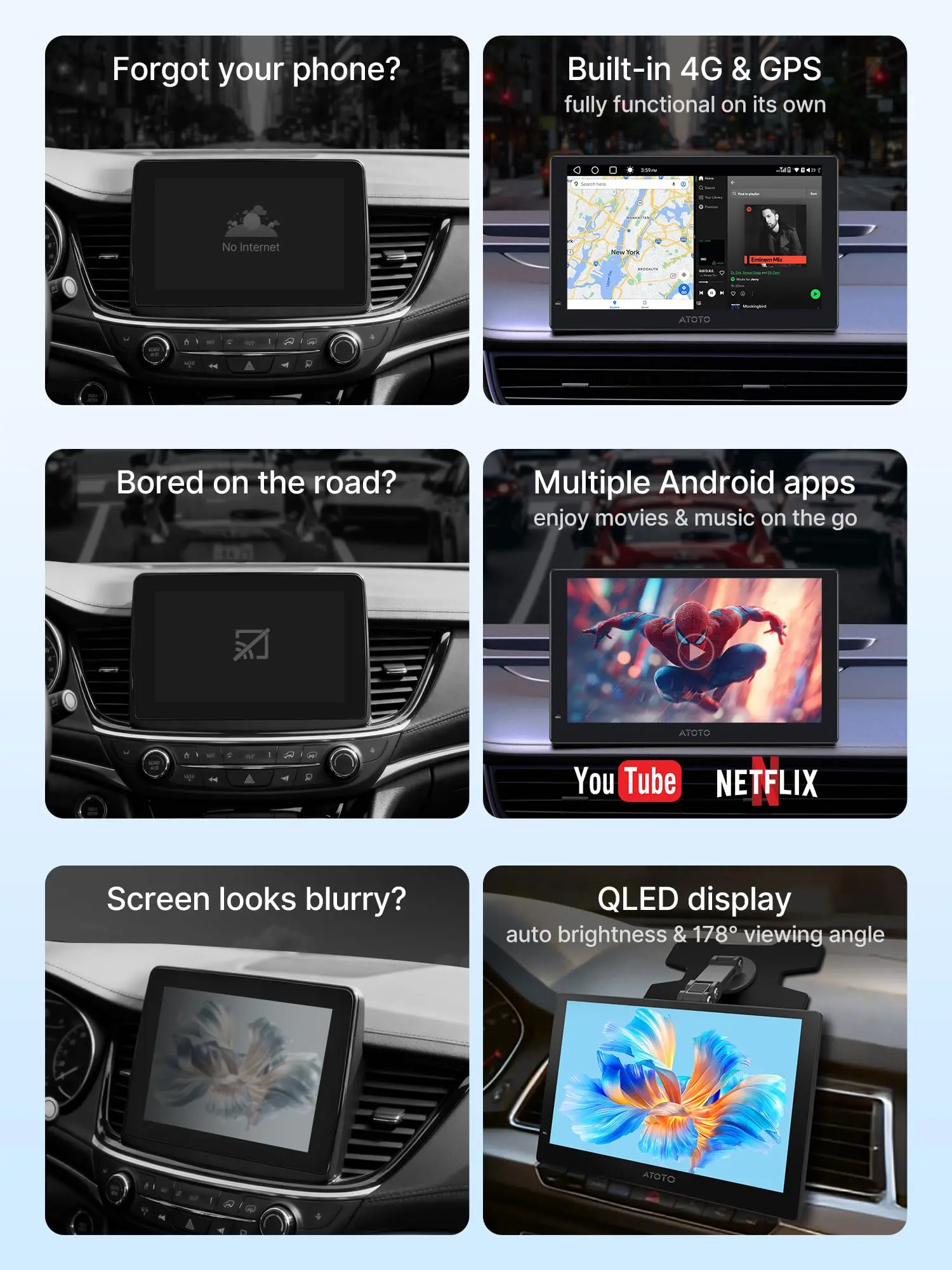 ATOTO P909PR1N-S2 9" QLED Portable Android CarPlay Screen, Wireless CarPlay & Android Auto, Backup Camera, Netflix/YouTube, AI, GPS, Dual BT, MirrorLink, 4G LTE - Image 3