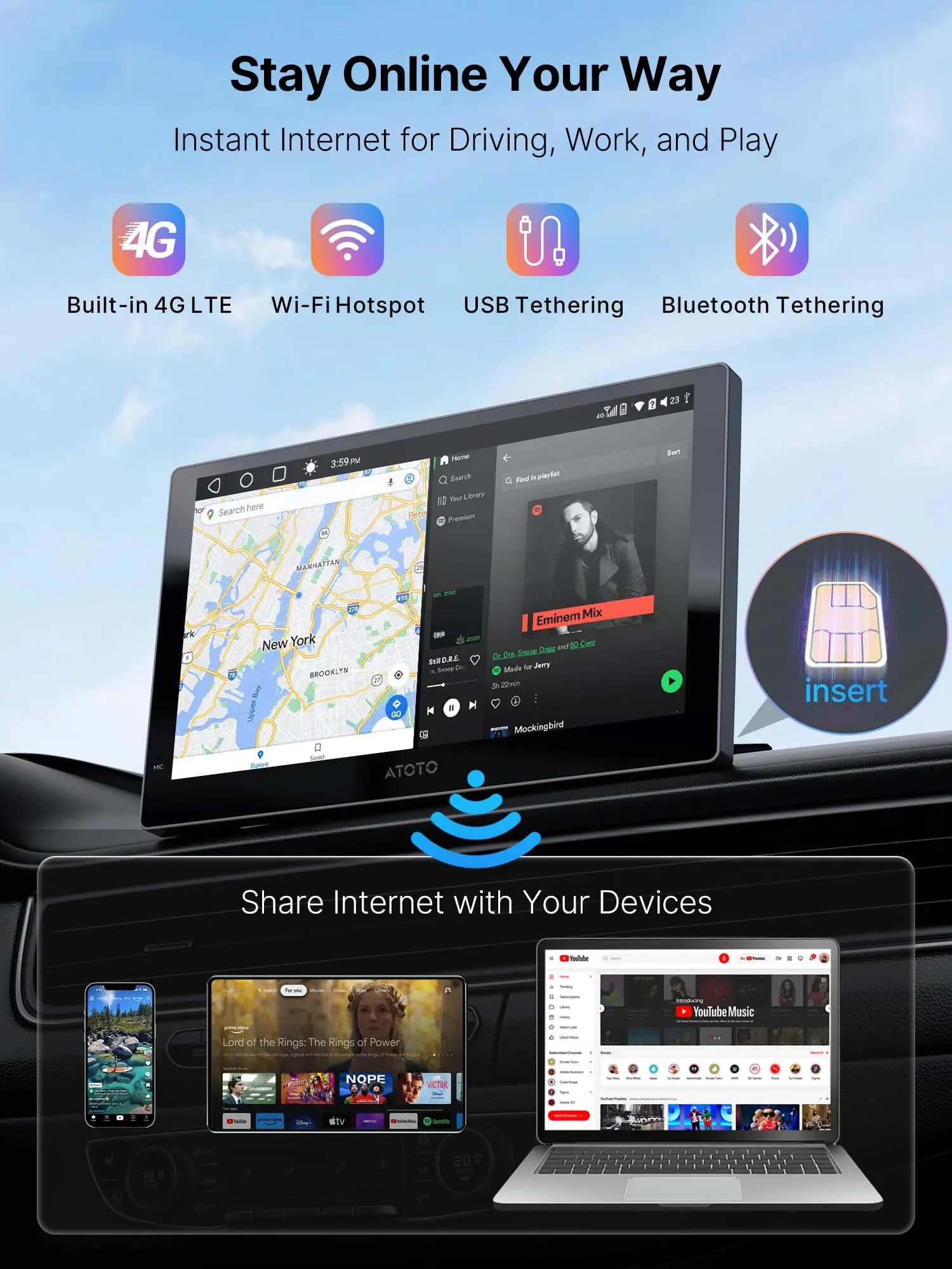 ATOTO P909PR1N-S2 9" QLED Portable Android CarPlay Screen, Wireless CarPlay & Android Auto, Backup Camera, Netflix/YouTube, AI, GPS, Dual BT, MirrorLink, 4G LTE - Image 4