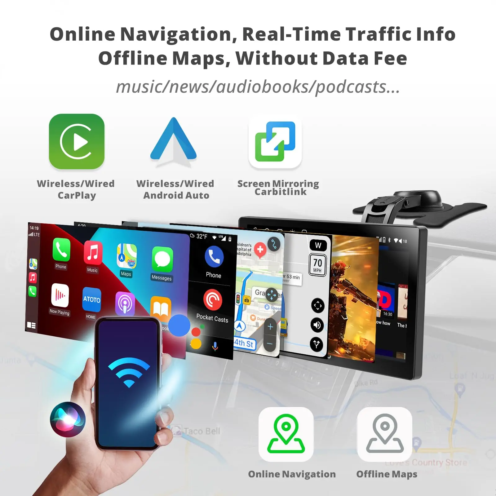 ATOTO 9" Portable Car Stereo, QLED Display, Wireless CarPlay & Android Auto, Wi-Fi Hotspot, USB, Dual Bluetooth, GPS Tracking, HDMI Input, 4 Audio Outputs, SWC, Auto-Dimming, 2+32GB - Image 4