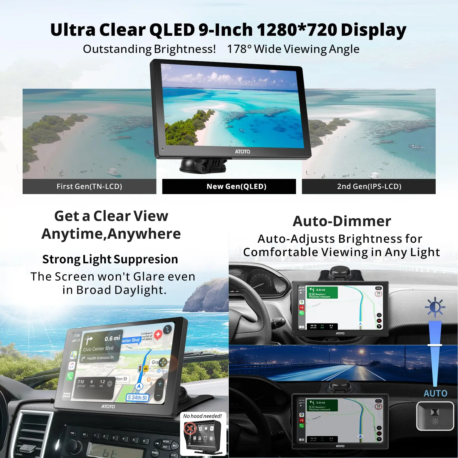 ATOTO 9" Portable Car Stereo, QLED Display, Wireless CarPlay & Android Auto, Wi-Fi Hotspot, USB, Dual Bluetooth, GPS Tracking, HDMI Input, 4 Audio Outputs, SWC, Auto-Dimming, 2+32GB - Image 6