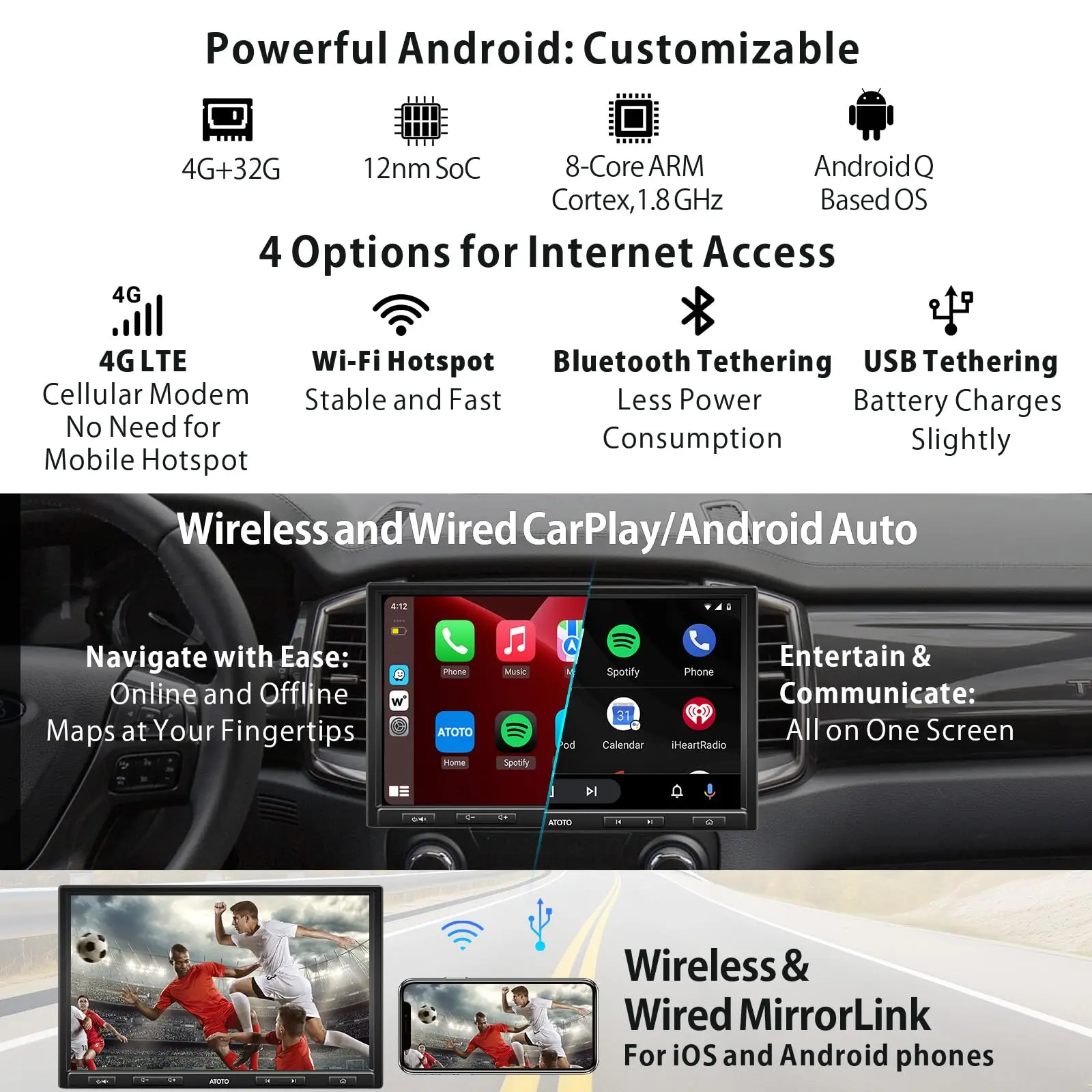 ATOTO S8G1104PRN 10.1" Single Din Car Stereo with QLED Touchscreen, Wireless CarPlay & Android Auto, 4x29W DSP Amplifier, HDMI Input, GPS Tracking, 4+32G, Dual Bluetooth & Live Rear View Camera Support - Image 4