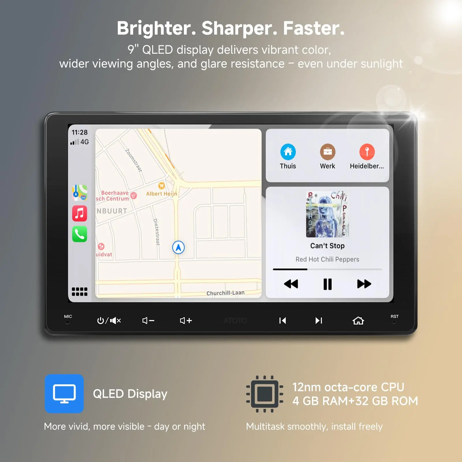 ATOTO S8G2094MS 9" Double Din Car Stereo with 1080P Front & Backup Camera Input, QLED Touchscreen, Wireless CarPlay & Android Auto, 4G+32G, Built-in 4G/Wi-Fi, Dual BT/USB, DSP, AMP, SUB, GPS - Image 3