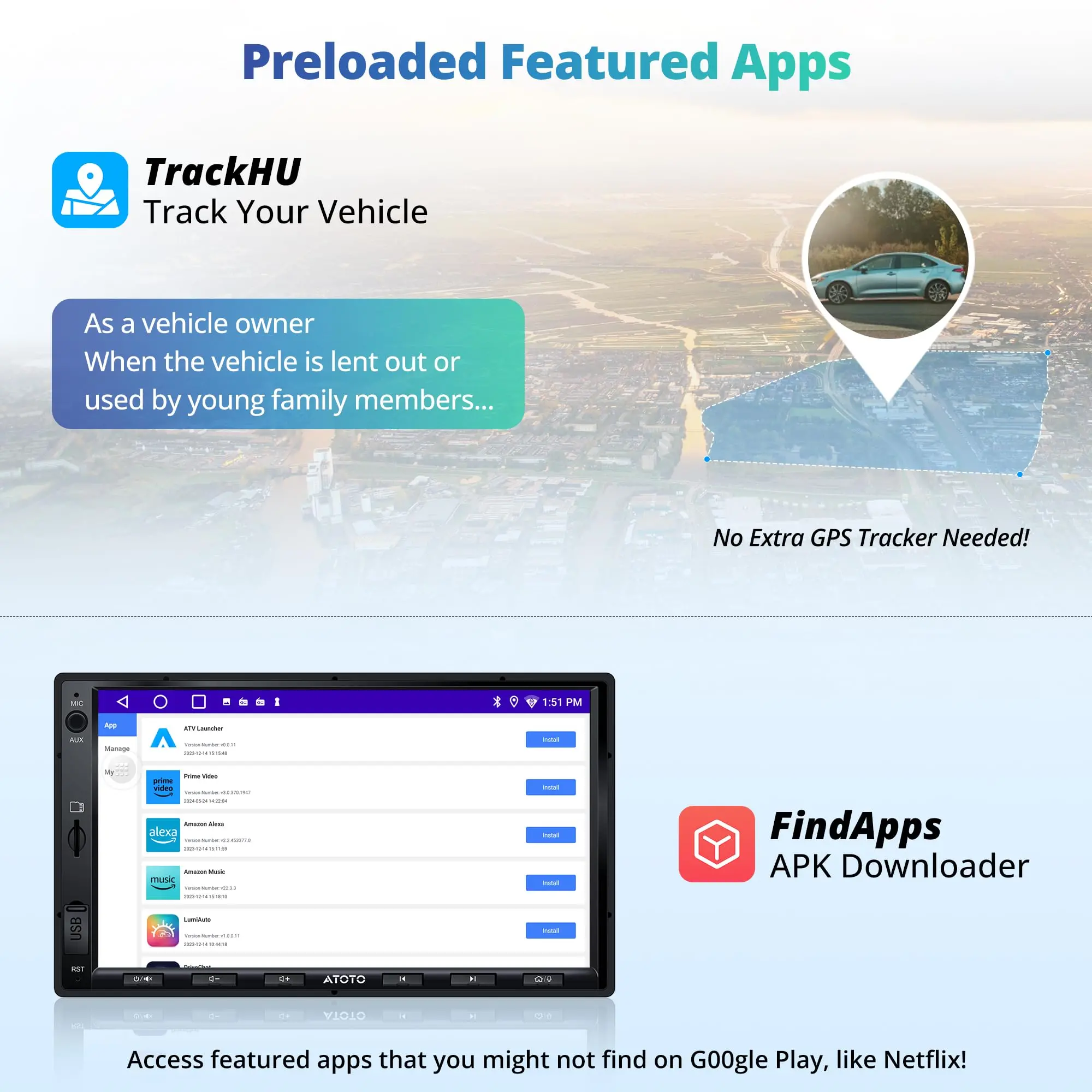 ATOTO Portable Car Stereo 9" Android 10 Octa-Core, Dual Camera, HD QLED Display, Wireless CarPlay/Android Auto, GPS Navigation, 4G/Wi-Fi/Bluetooth, DriveChat AI, TPMS/OBD II Support, 4GB+32GB - Image 8