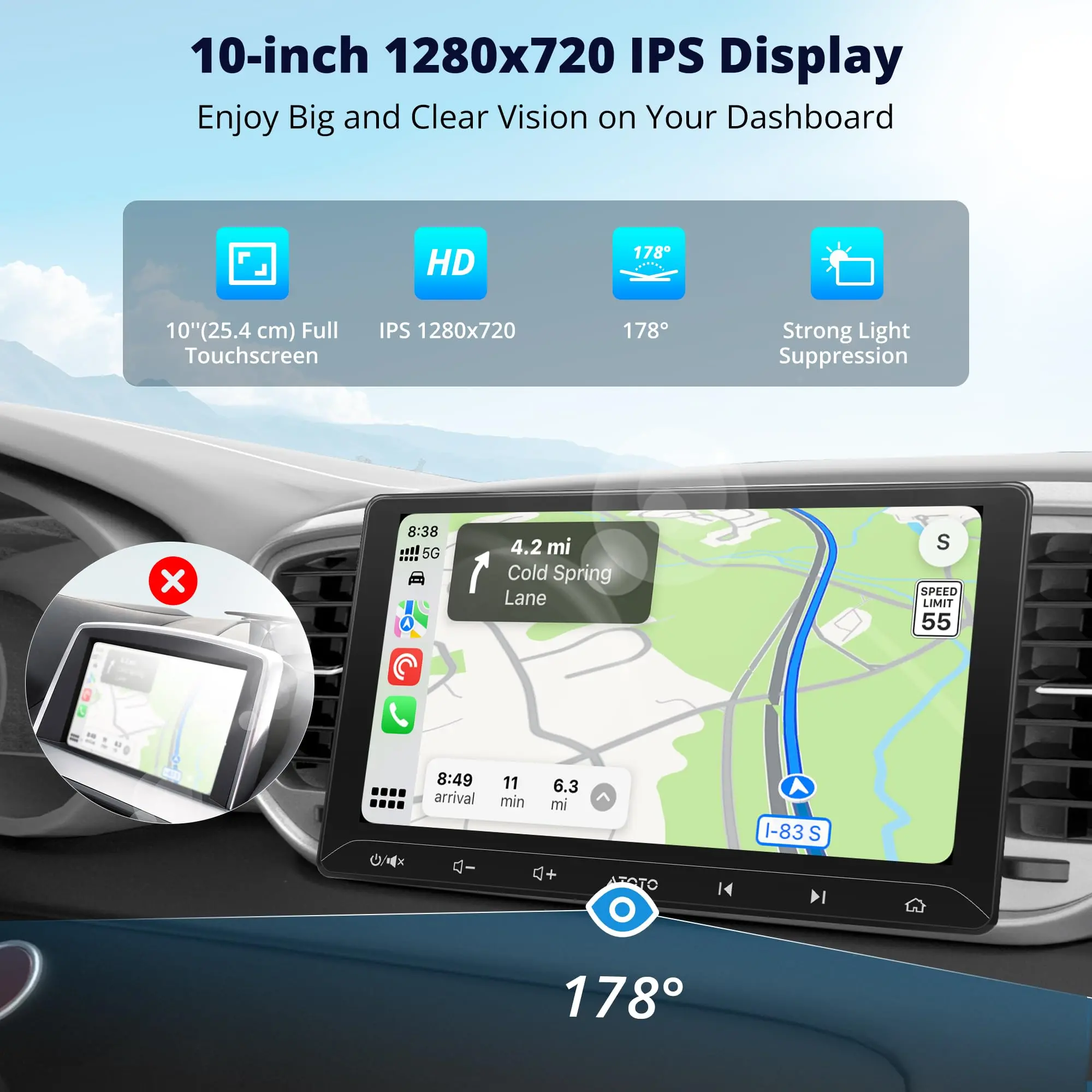 ATOTO A5LG211T 10.1" Android Double Din Radio with Wireless CarPlay/Android Auto, LRV Backup Camera & DVR Dashcam, WiFi/Bluetooth/USB Tethering, 2+32GB, 24-Band EQ & DSP, SWC/FM, MirrorLink, AI Chat - Image 5