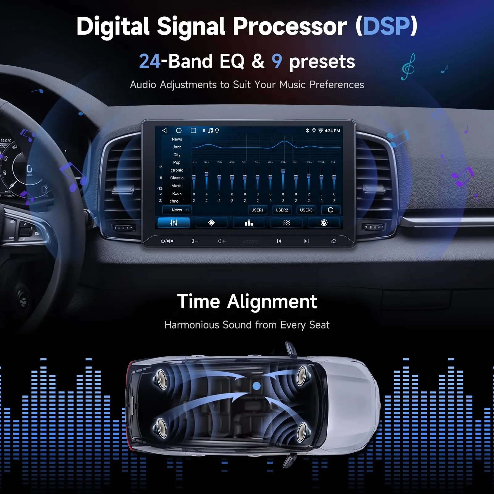 ATOTO A5LG211T 10.1" Android Double Din Radio with Wireless CarPlay/Android Auto, LRV Backup Camera & DVR Dashcam, WiFi/Bluetooth/USB Tethering, 2+32GB, 24-Band EQ & DSP, SWC/FM, MirrorLink, AI Chat - Image 6