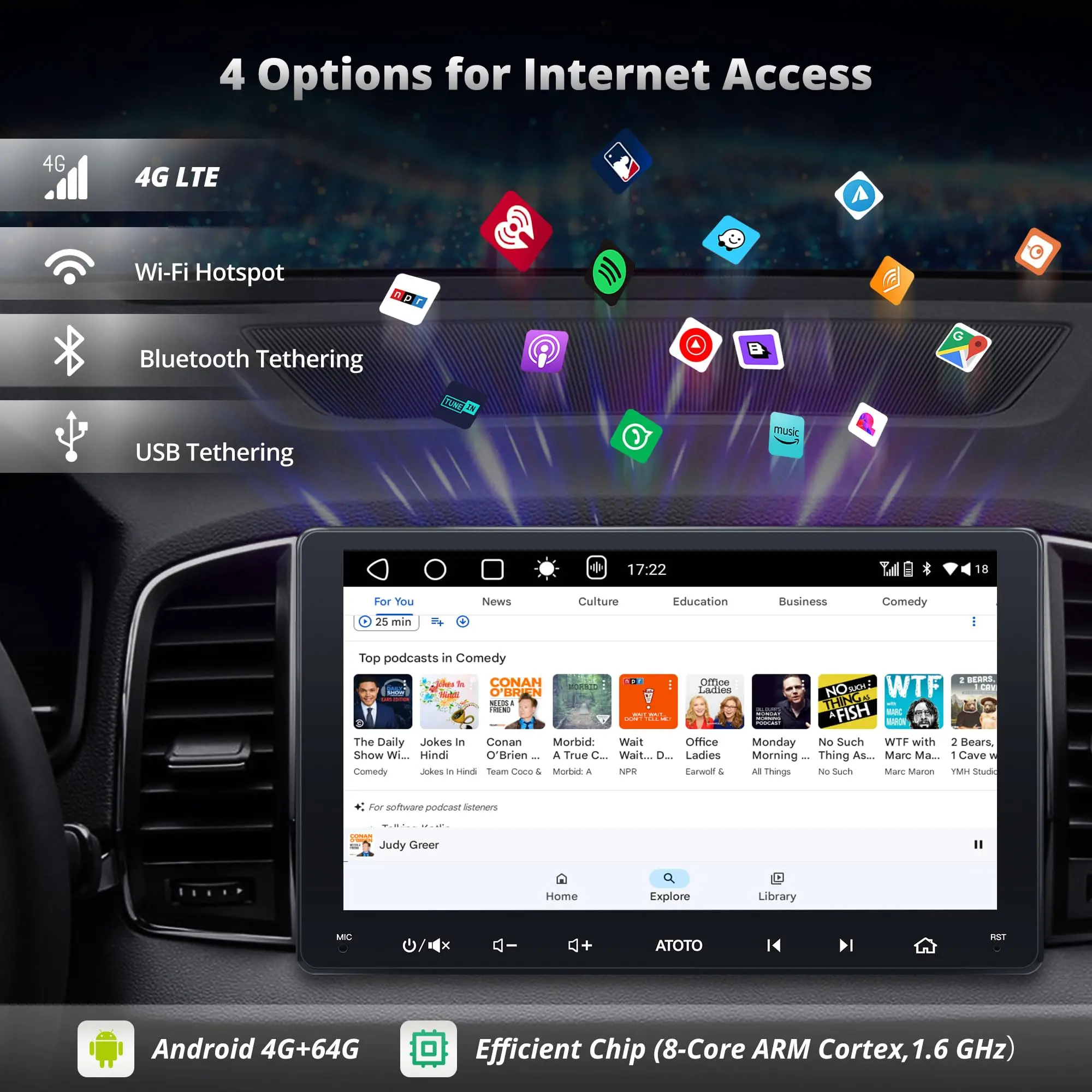 ATOTO A6G209PL 9" Double Din Car Stereo, QLED Display, 8-Core Android, 4G+64G, 4G LTE WiFi/BT/USB Tethering, Wireless CarPlay & Android Auto, MirrorLink, Dual Bluetooth, DSP, FM Radio, In-Dash Navigation - Image 3