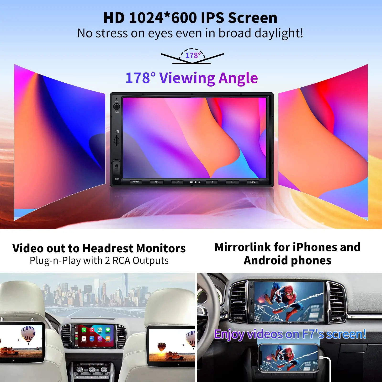 ATOTO F7G2A7WE 7" Double DIN Car Stereo,Wireless CarPlay & Android Auto, Touchscreen Car Radio with Bluetooth, Mirror Link, HD LRV, FM/AM, GPS Navi, Voice Control,Quick Charge - Image 4